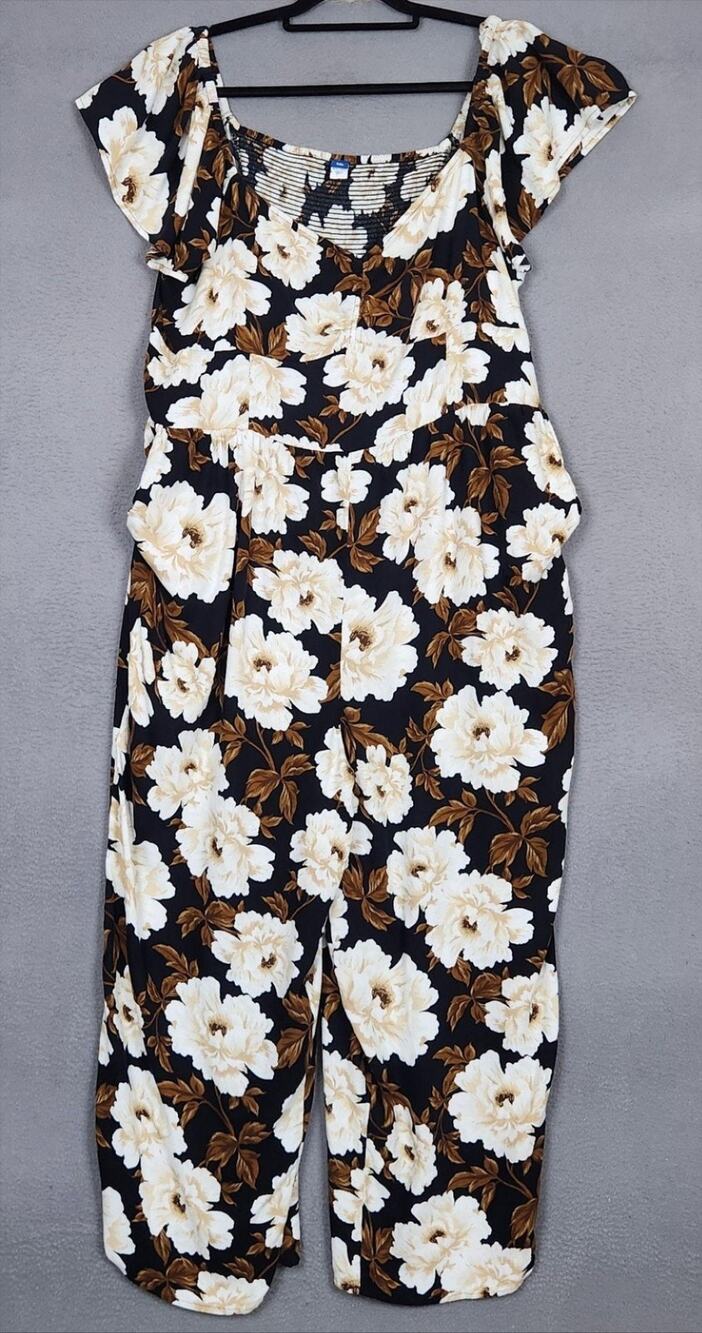 Old Navy Jumpsuit Womens XXL Black Floral Short Sleeve Wide Leg Pockets